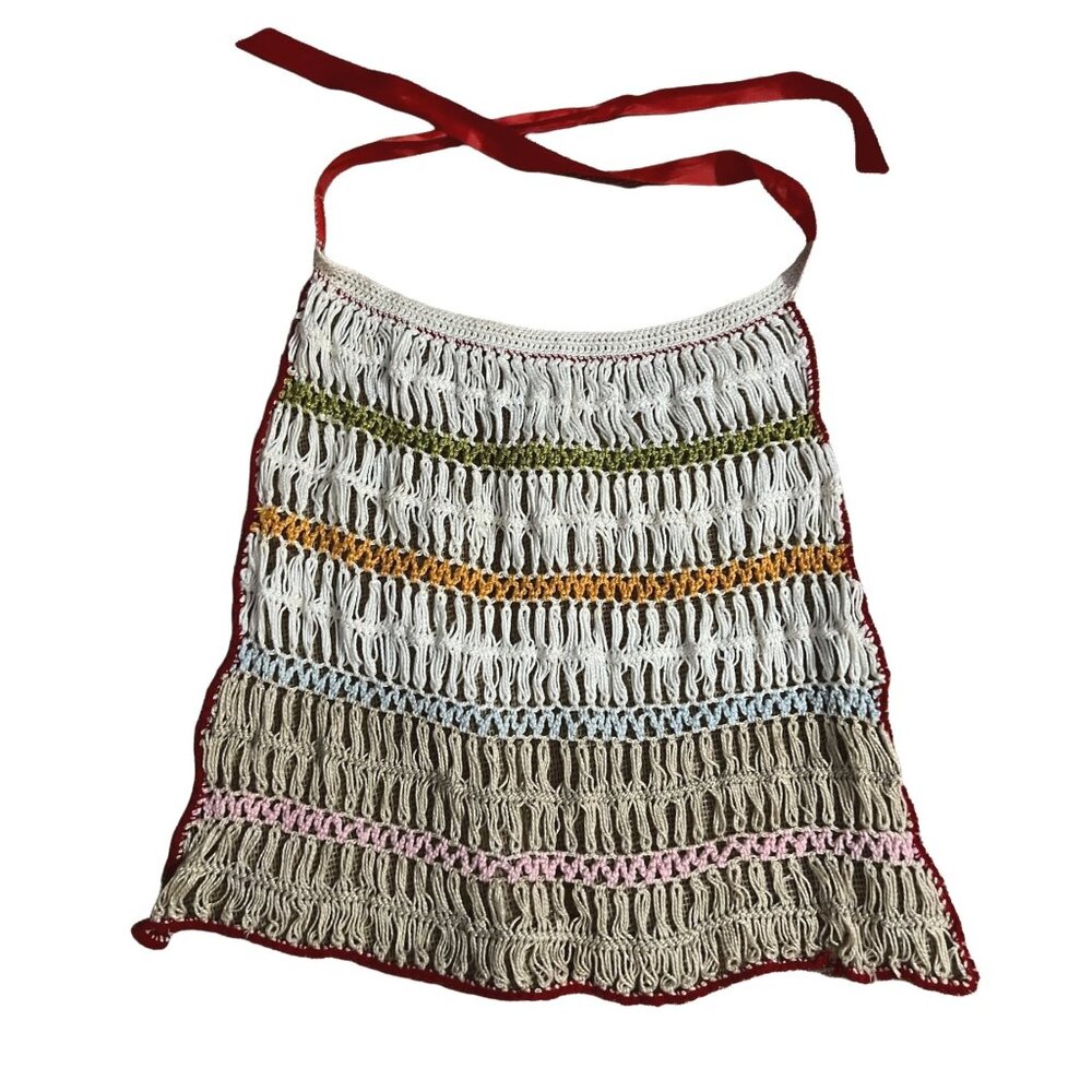 Vintage Crochet Apron with Waist Band Striped Red, Beige, Orange, and Green